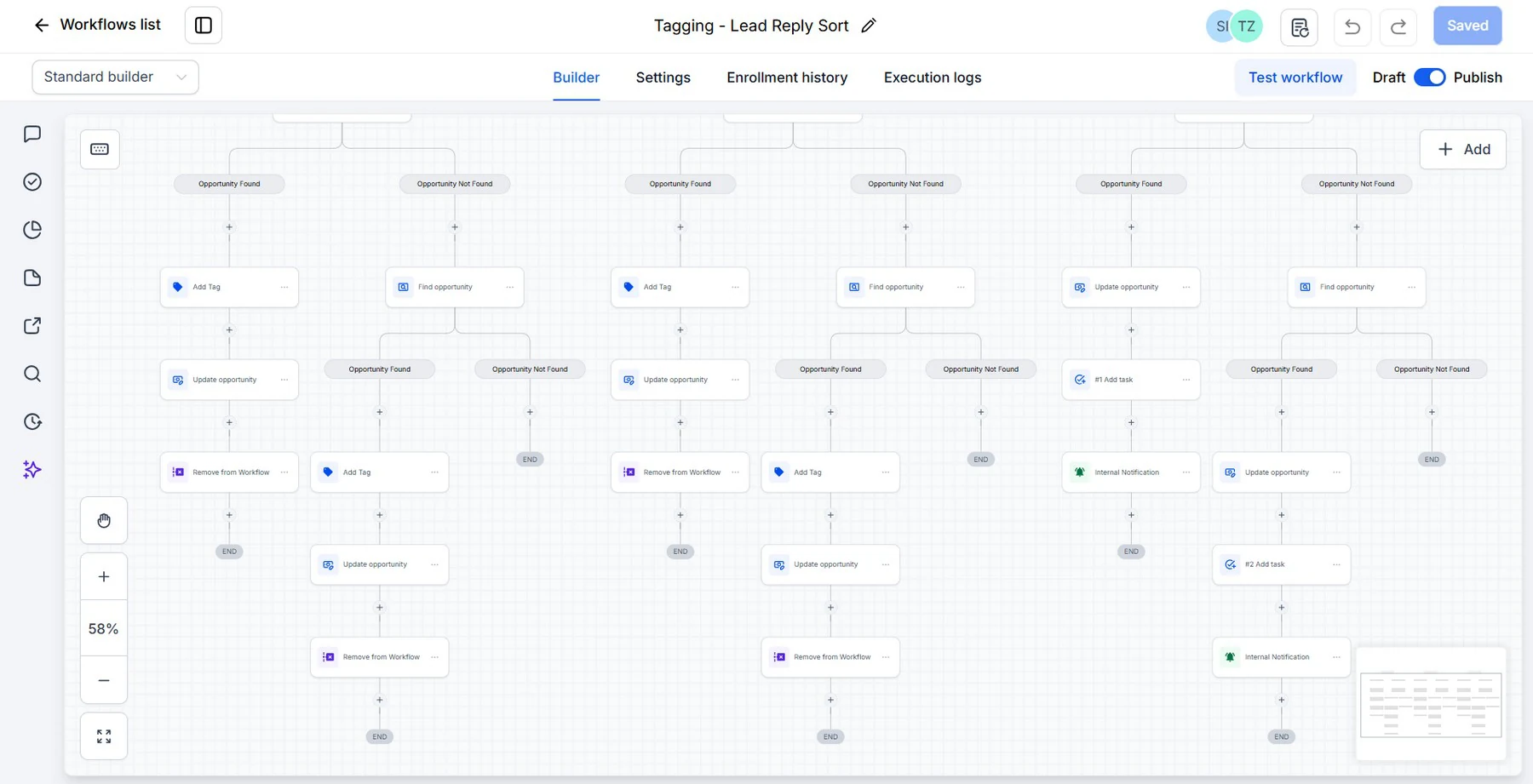 The Tagging and Lead Reply Sort workflow in GoHighLevel